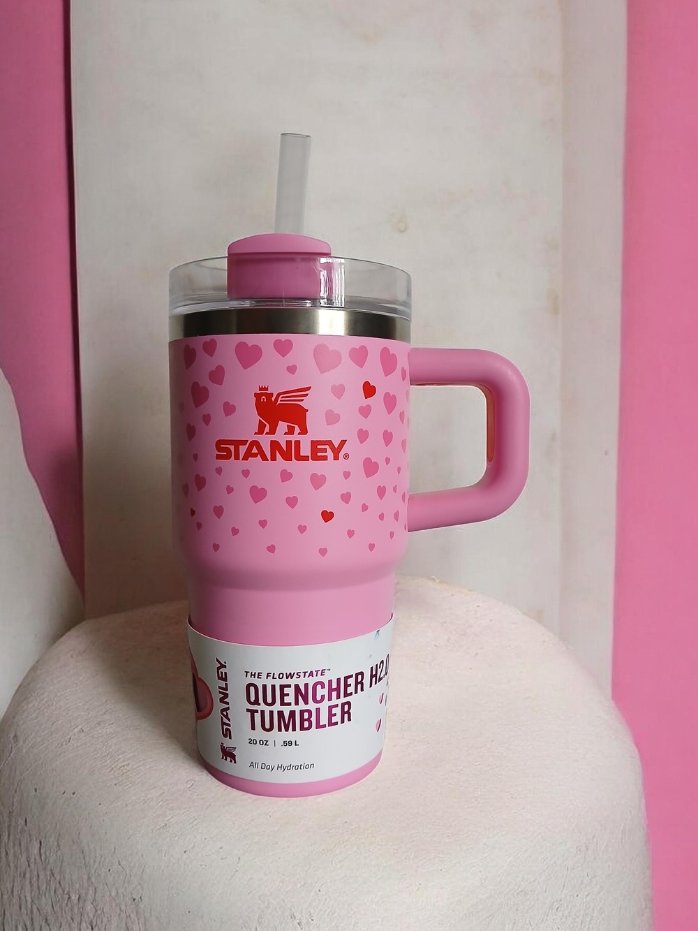 Stanley Pink Heart-Patterned Tumbler with Handle and Straw Lid